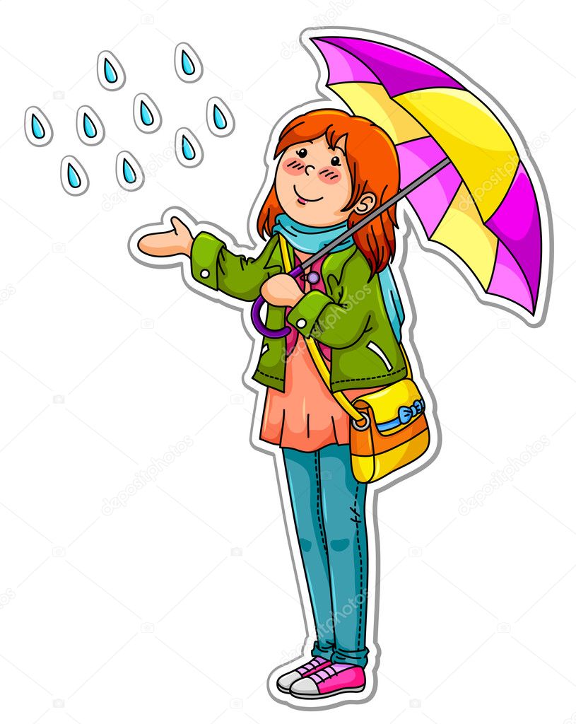 Cat in rainy day coloring page for kids Royalty Free Vector