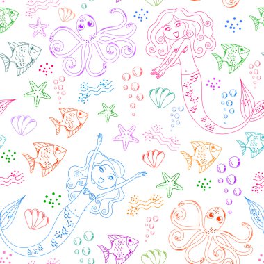 Seamless pattern with doodles of mermaids and other sea creatures clipart