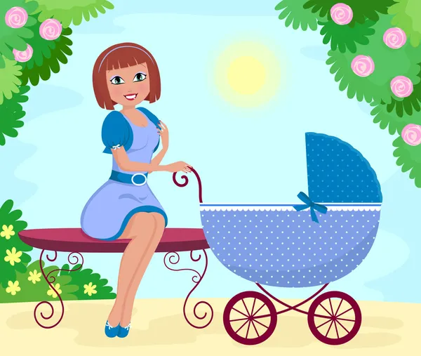 Bebek arabası olan kadın — Stok Vektör