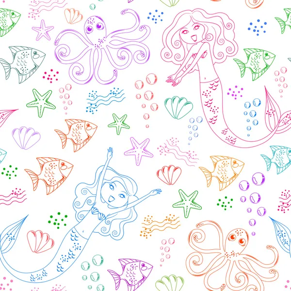 Nahtloses Muster mit Doodles von Meerjungfrauen und anderen Meerestieren — Stockvektor