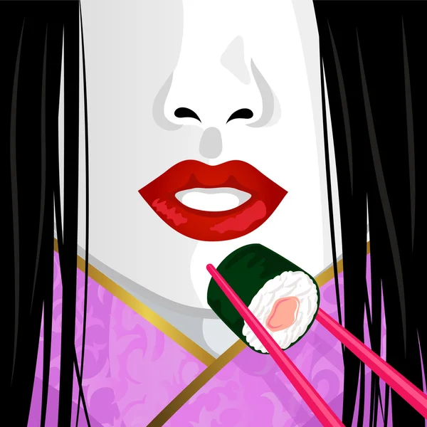 Geisha eating sushi — Stock Vector