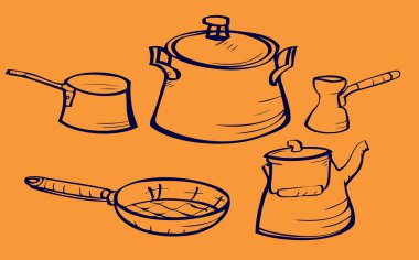 Dishes sketch set including pans coffee and tea kettle clipart