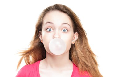 Girl blowing bubble from chewing gum clipart