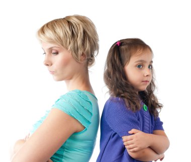 Sad mother and daughter back to back clipart