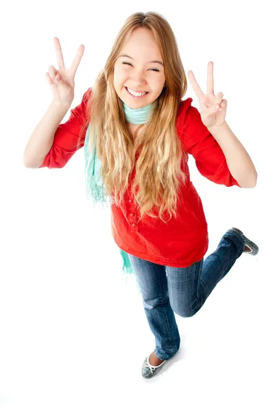 Adolescente montrant signe de victoire — Photo