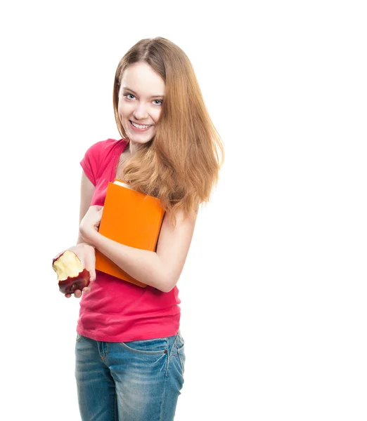 Estudante menina comer maçã . — Fotografia de Stock