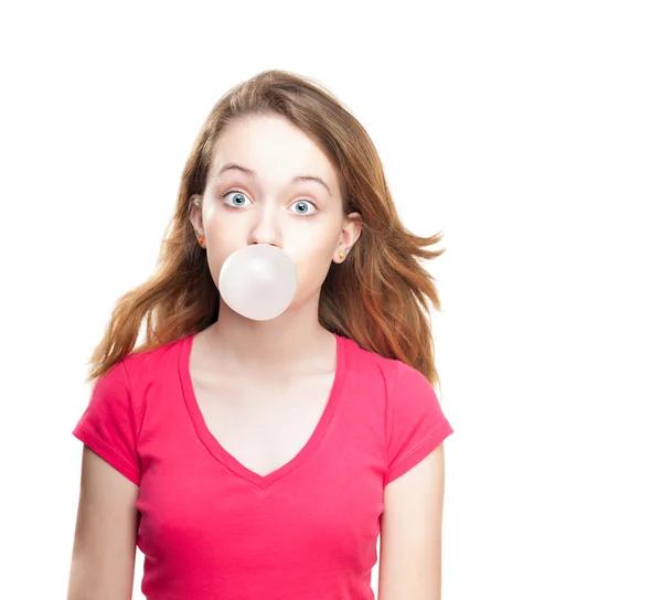 Chica soplando burbuja de goma de mascar —  Fotos de Stock