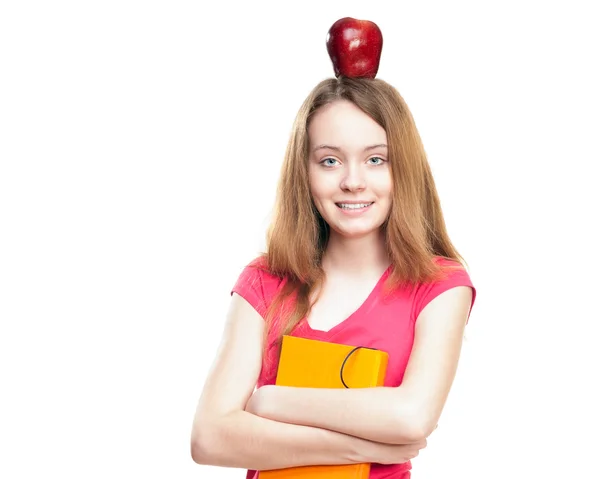 Studente ragazza con mela sulla testa — Foto Stock