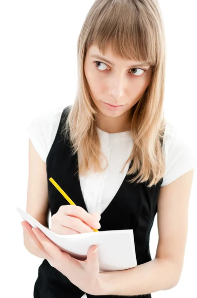 Ung flicka med papper och penna — Stockfoto