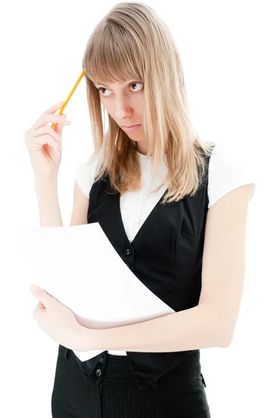 Young girl with paper and pencil — Stock Photo, Image