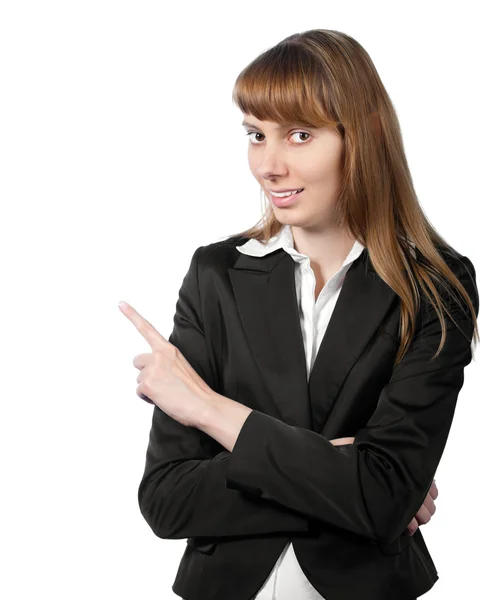 Ung affärskvinna pekar på sidan — Stockfoto