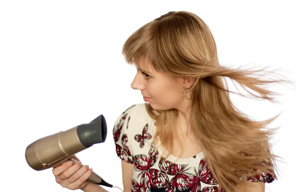 Chica con secador de pelo — Foto de Stock