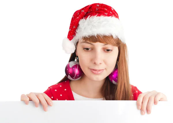 Santa girl holding empty board — Stock Photo, Image