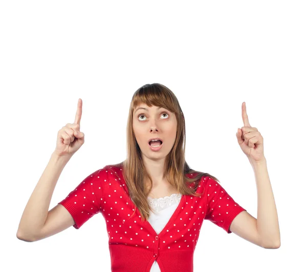 Beautiful surprised woman pointing up — Stock Photo, Image
