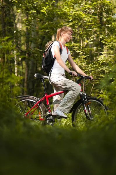 Young woman with bicycle in forest — Stock Photo, Image