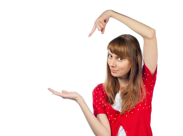 Woman pointing at her hand — Stock Photo, Image