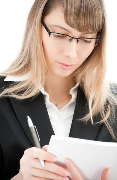 Business woman with pen and paper — Stock Photo, Image