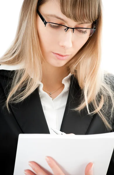 Business woman with pen and paper — Stock Photo, Image