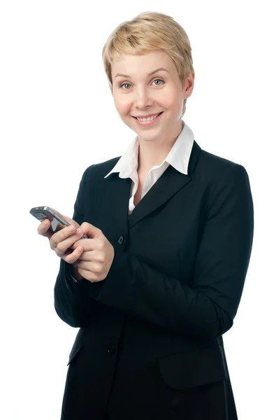 Jovem mulher de negócios com telefone — Fotografia de Stock