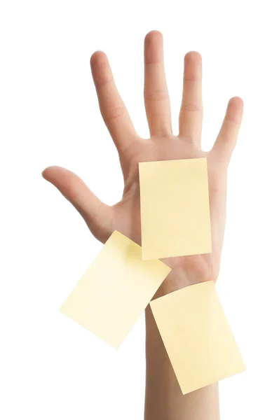 Mão feminina com notas em branco — Fotografia de Stock
