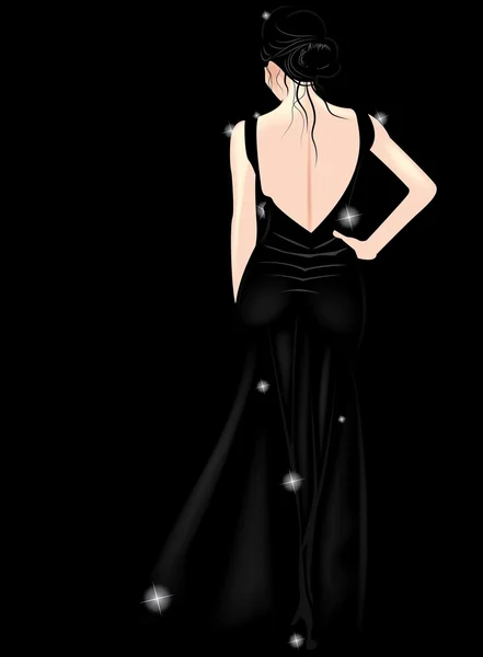 Mujer elegante en vestido negro — Vector de stock