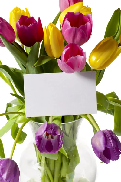 Tulipánok a vázában kártyával — Stock Fotó
