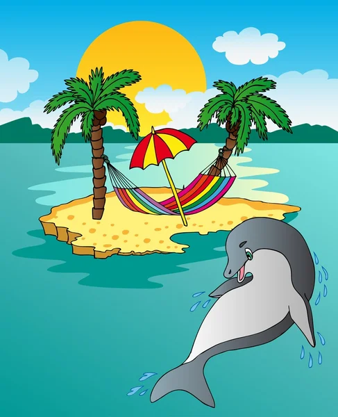 岛和海豚 — 图库矢量图片
