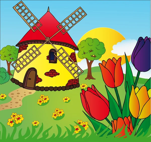 Moulin à vent et tulipes — Image vectorielle