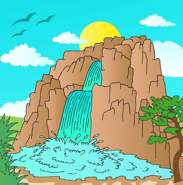 Hill med vattenfall landskap Royaltyfria illustrationer