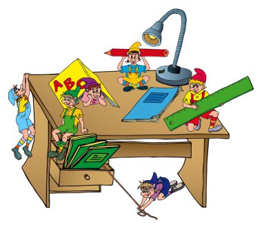 Elves on school table clipart