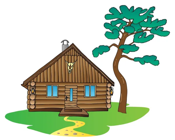 Cabaña de madera y pino — Vector de stock
