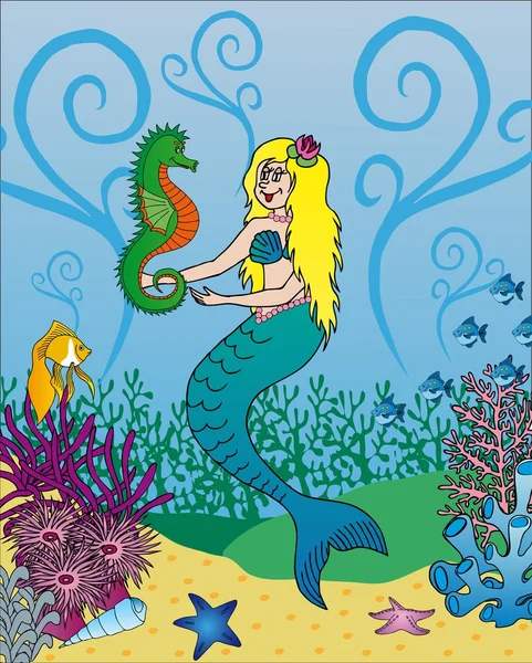 Sirena y caballito de mar — Archivo Imágenes Vectoriales