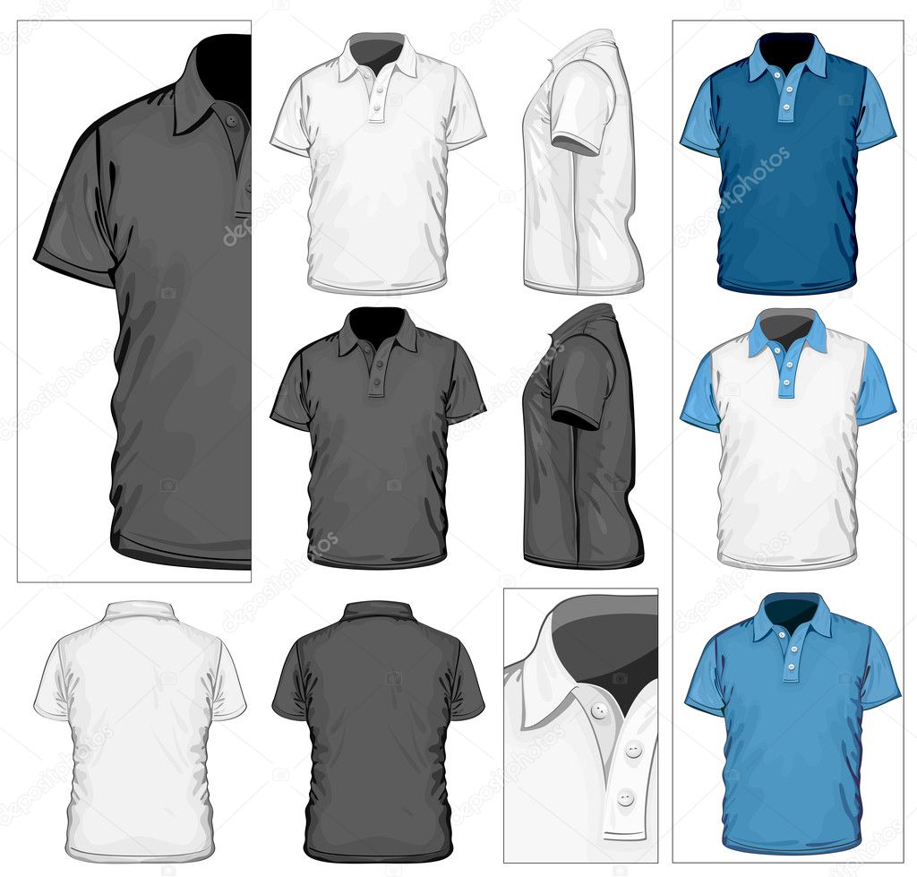 Vector. Men's polo-shirt design template (front, back and side view). No mesh.