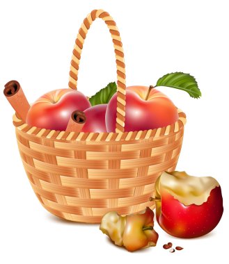 Red ripe apples with cinnamon in the basket. clipart