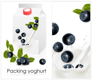 Background for design of packing yoghurt with photo-realistic vector of blueberry. clipart