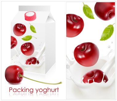 Background for design of packing yoghurt with photo-realistic vector of cherry. clipart