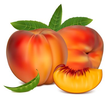 Ripe peach fruit with green leaves. clipart