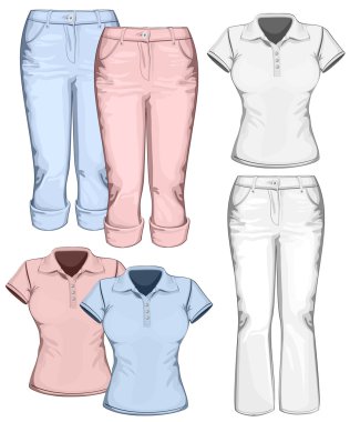 Kadınların pantolon kot ve polo gömlek tasarım şablonları.