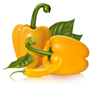 Vector yellow sweet and chili peppers with leaves clipart