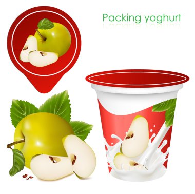 Background for design of packing yoghurt with photo-realistic vector of green apple clipart