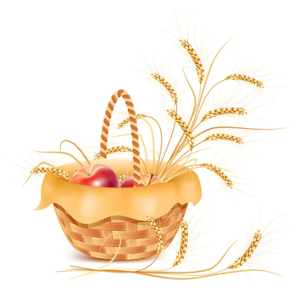 Oren van tarwe en appel in de mand. — Stockvector