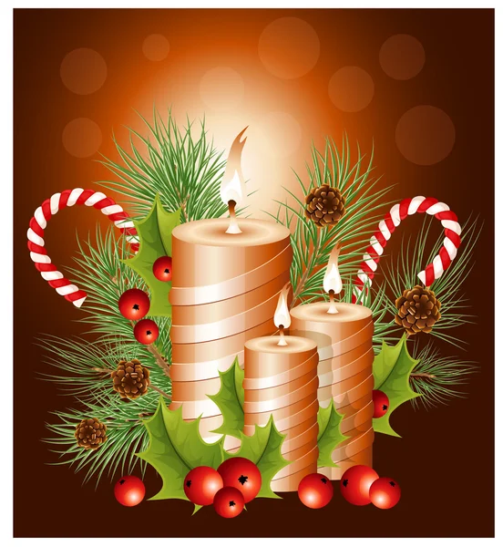 ヒイラギやキャンディー杖とクリスマス キャンドル — ストックベクタ