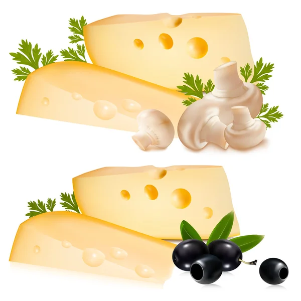 Käse mit schwarzen Oliven und Pilzen. — Stockvektor