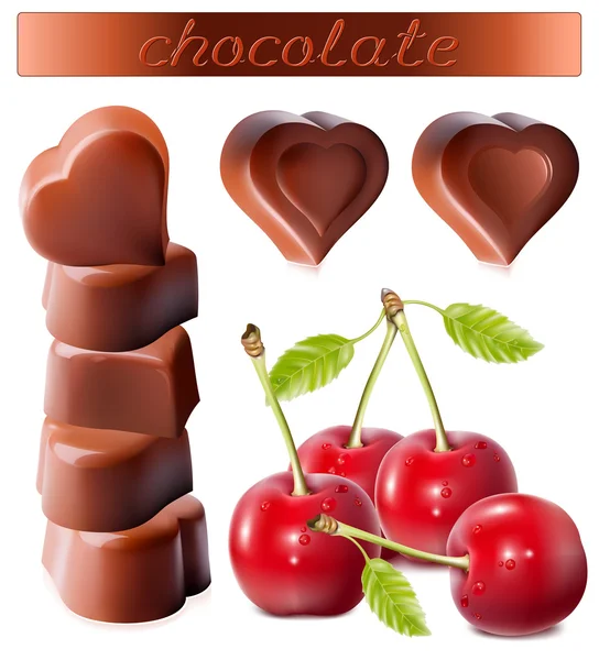 Heart-shaped chocolates with cherries. — Stock Vector