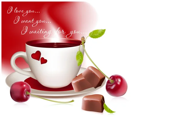 차 (커피) 하트 모양의 초콜릿과 잘 익은 체리의 컵. — 스톡 벡터