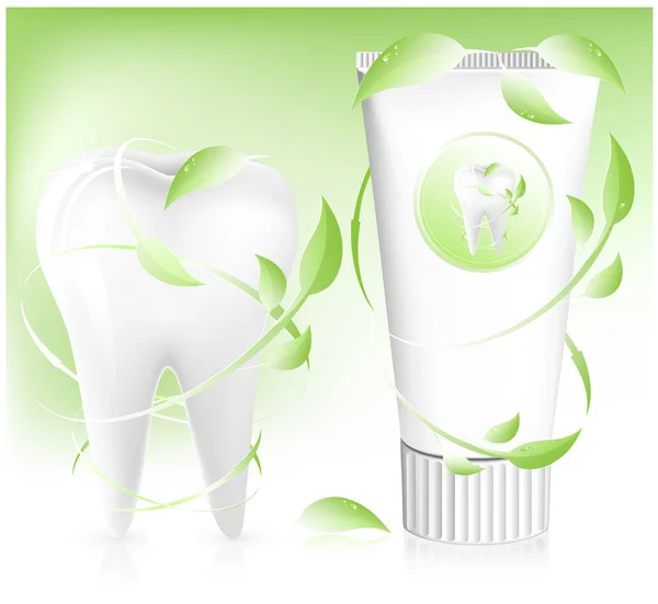 Tooth and toothpaste with leaves on light green background. — Stock Vector