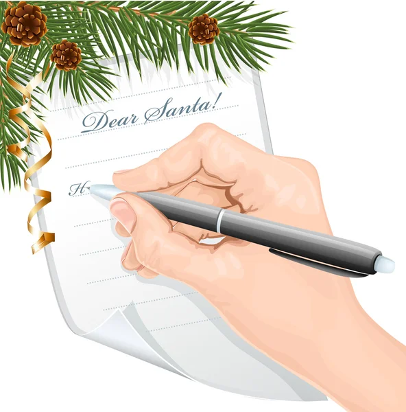 Child's hand writing letter to Santa Claus. — Stock Vector