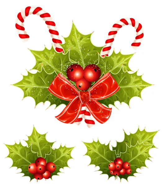 圣诞冬青与拐杖糖和红色蝴蝶结。矢量插画 — 图库矢量图片