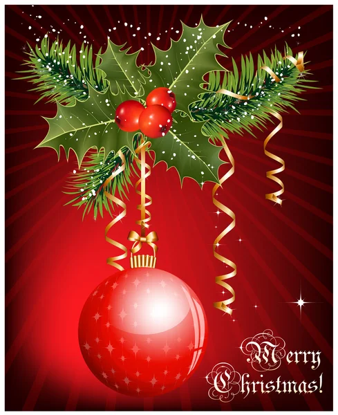 Weihnachtsdekoration: Stechpalme mit Beeren und Weihnachtskugel auf rotem Hintergrund. — Stockvektor
