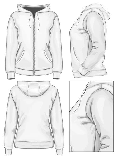 Women's hooded sweatshirt with zipper (back, front and side view) — Stock Vector